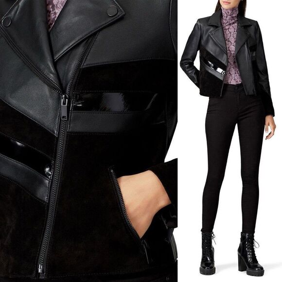Slate & Willow Mixed Media Colorblock Moto Leather Jacket, size S - Picture 14 of 14